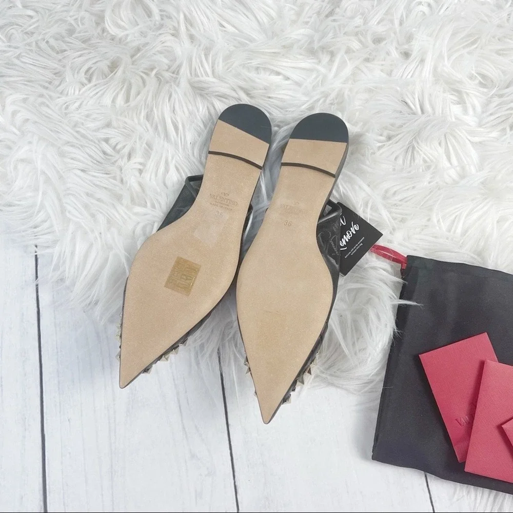 Valentino‎ Garavani Alcove Rockstud Black Mesh Slingback Pointed Flats EU 36 NIB